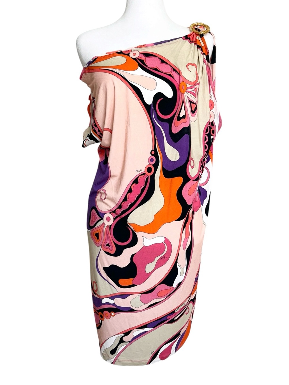 Vintage Emilio Pucci Pink Purple Printed Sleeveless One Shoulder Mini Dress 40 6